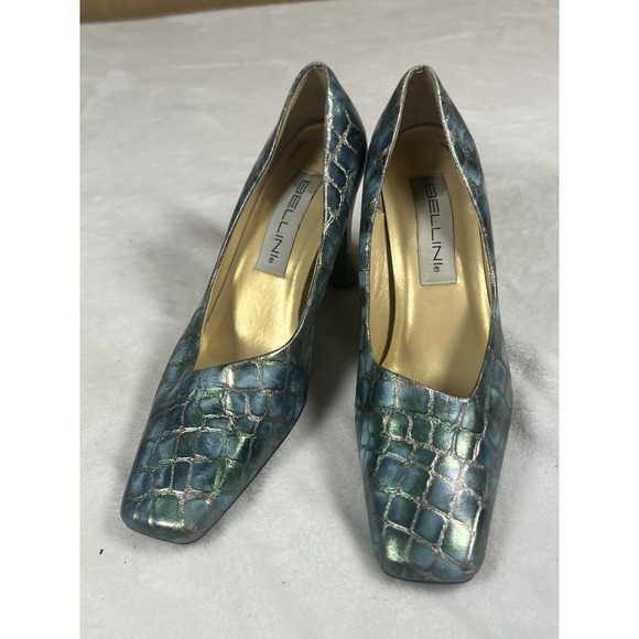 Bellini Shoes Womens Size 9 Blue Croc Embossed Block Heel Square Toe Pumps - Picture 2 of 8